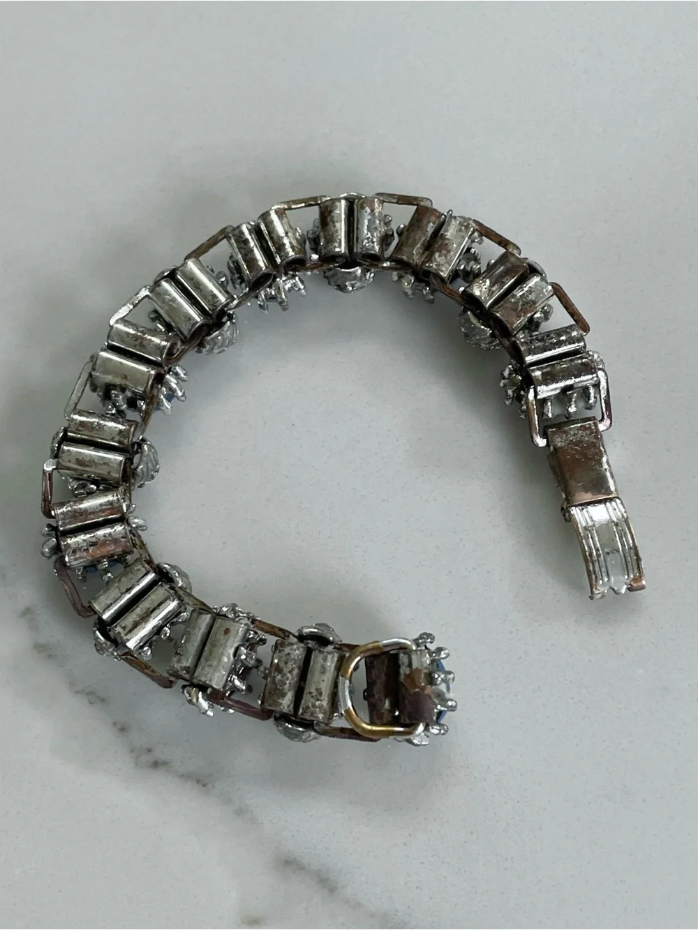 Vintage 1960s Floral Rhinestone and Moonstone Link Charm Bracelet